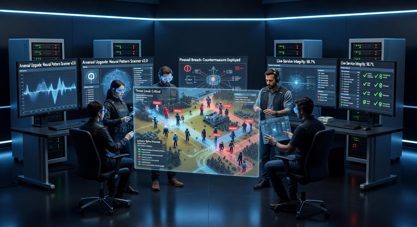 Screenshot of advanced anti-cheat software interface scanning for hacks in a bustling multiplayer lobby, with detection alerts flashing on screen