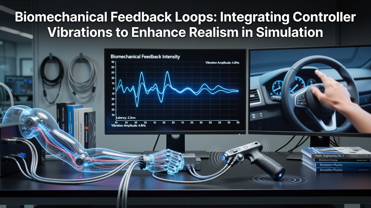Simulation cockpit setup showing controller placement alongside telemetry displays used for haptic calibration
