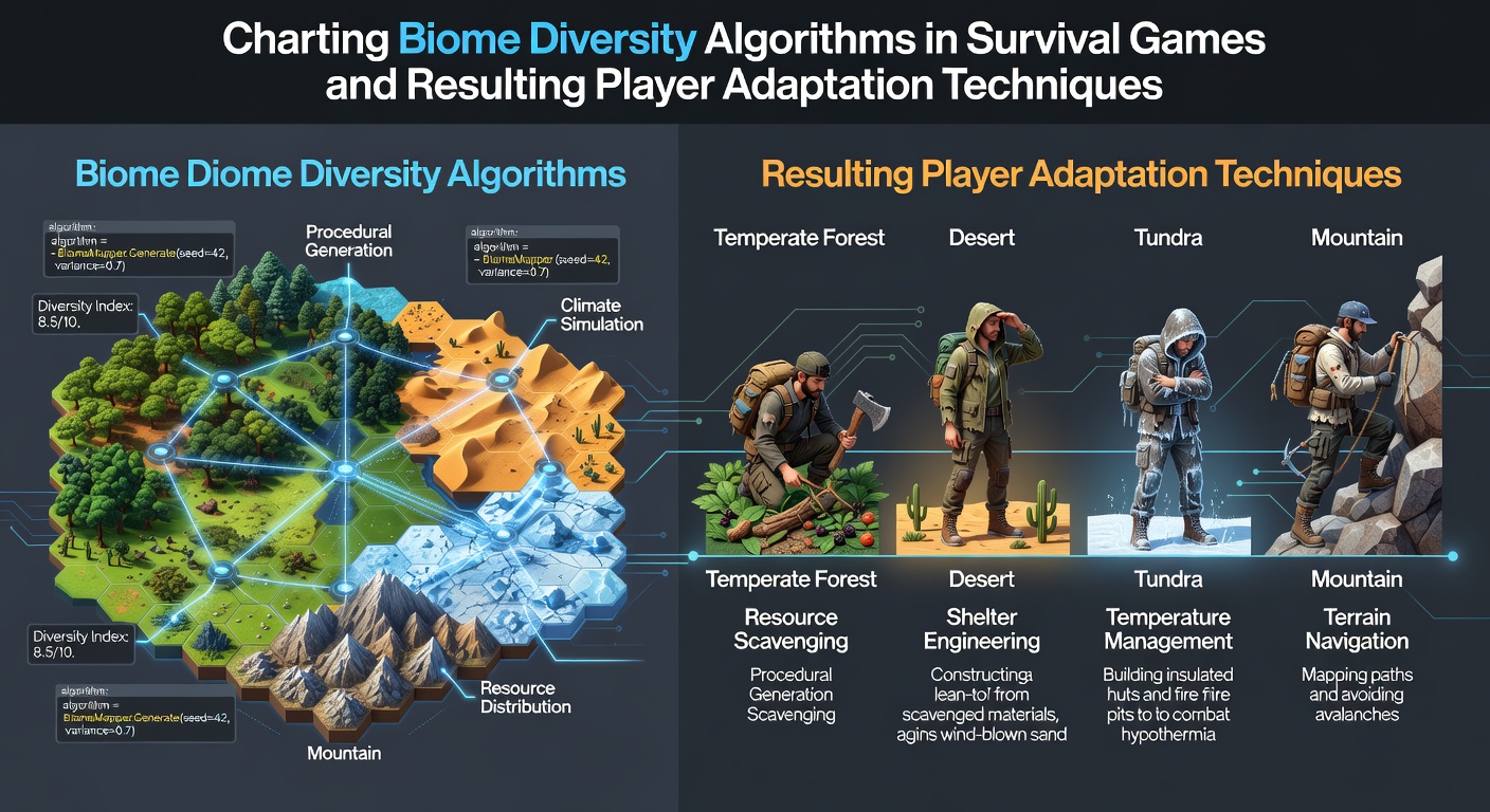 Procedural generation of varied biomes including forests, deserts, and tundras in a survival game environment