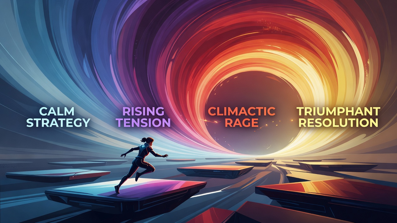 Color gradients shifting from cool blues to intense reds in a climactic platformer boss battle scene