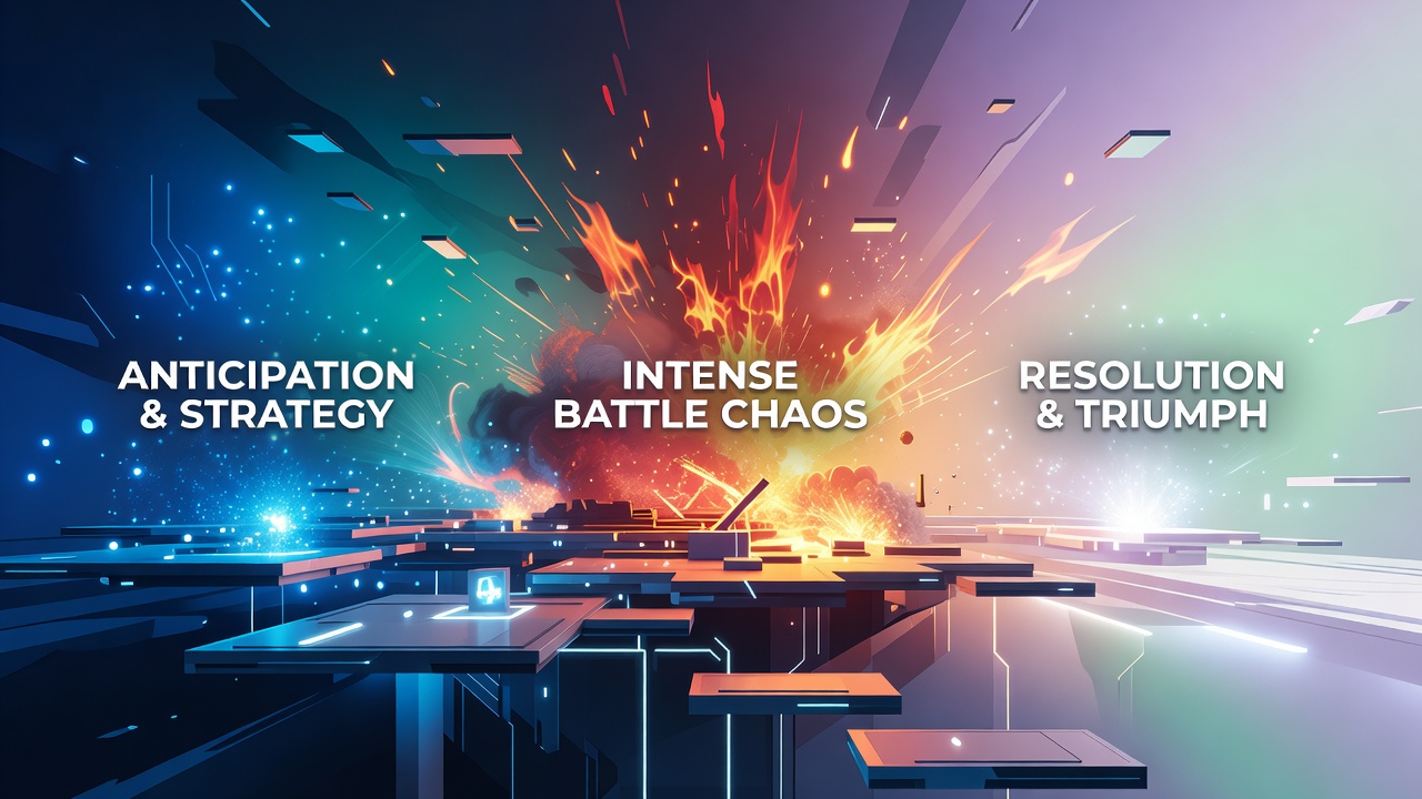 Detailed view of gradient overlays applied to environmental elements during an intense platforming confrontation