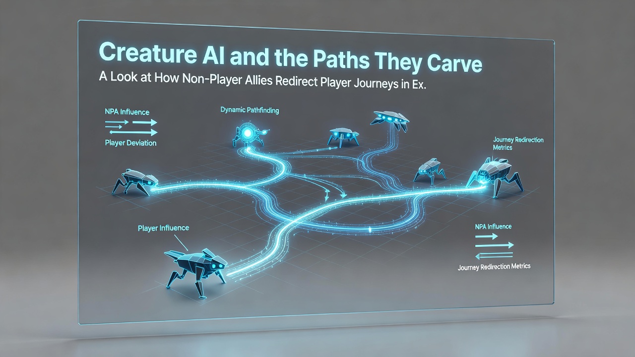 Creature companion AI influencing player decision points during exploration in a vast digital landscape