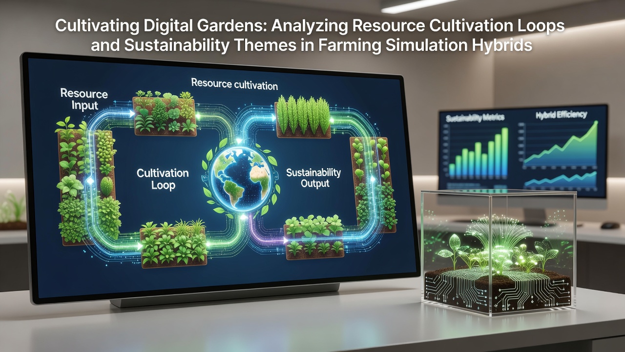 Visual diagram showing interconnected resource cultivation loops in farming simulation hybrid games with crop cycles and sustainability metrics