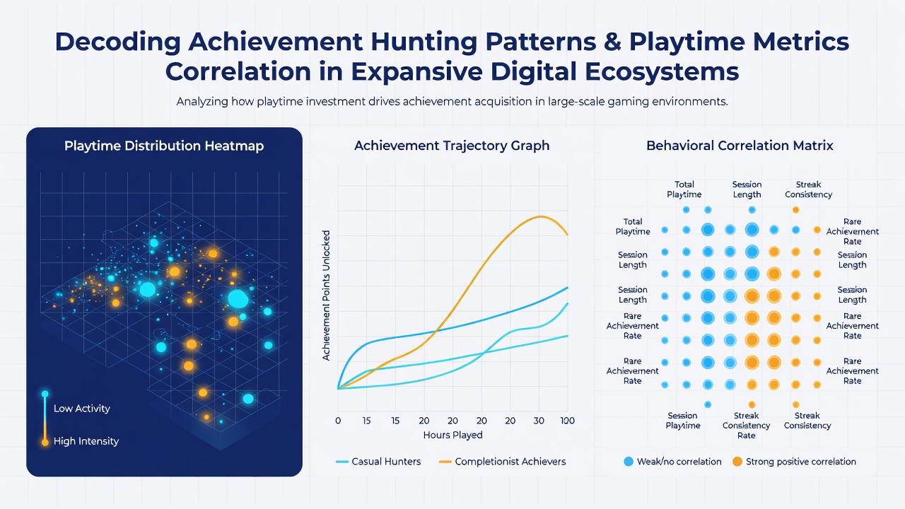 Graphs displaying playtime distribution against achievement completion rates in open digital worlds