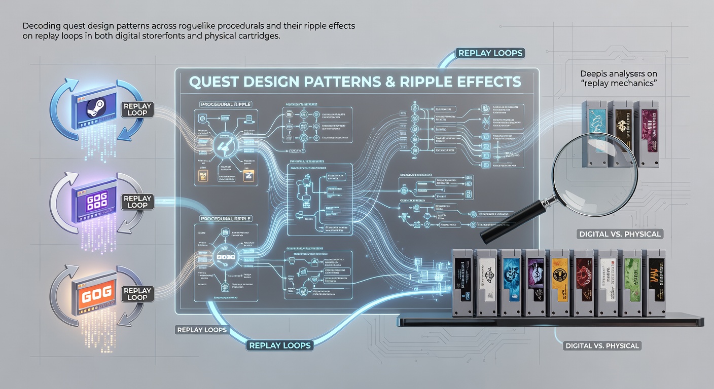 Roguelike procedural quest generation diagram showing randomized map layouts and branching objectives in games like Dead Cells and Hades