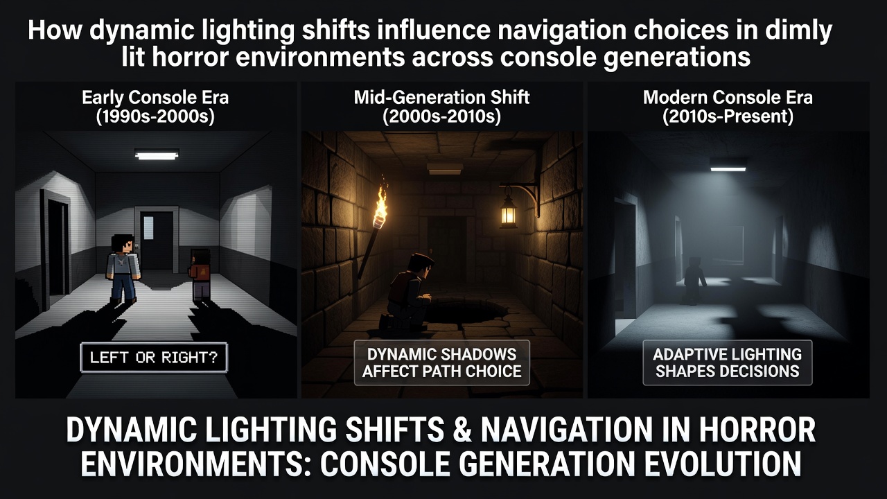 Dynamic lighting effects casting shadows across a dimly lit horror game corridor on a modern console