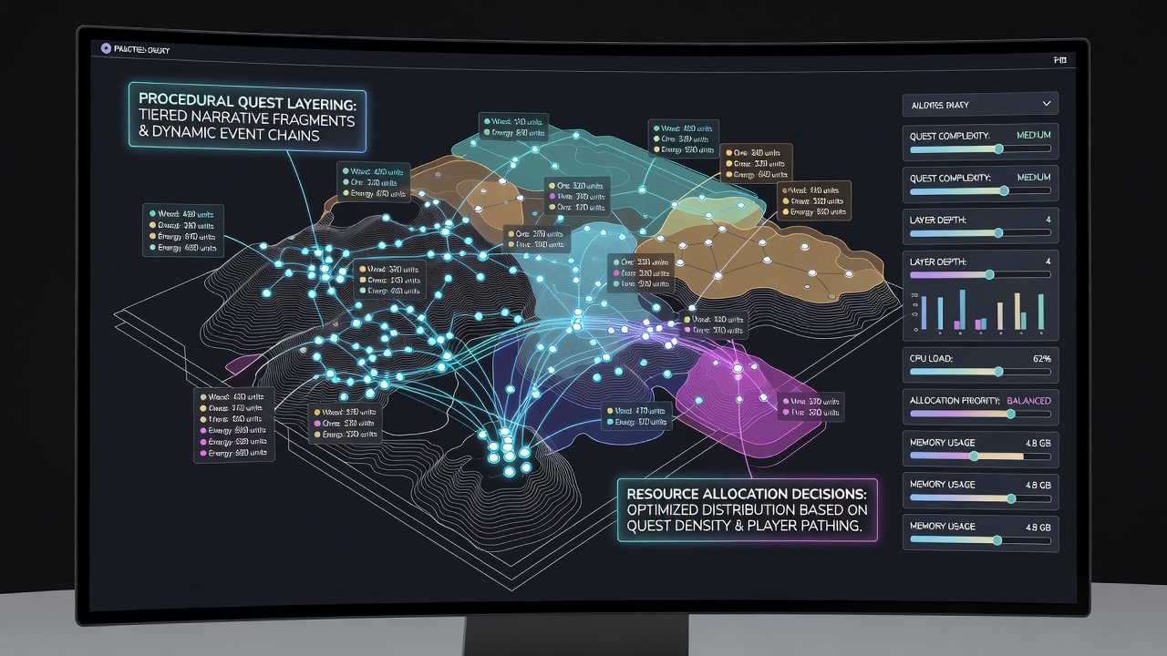 Player dashboards showing resource distribution across multiple quest layers in a large-scale world
