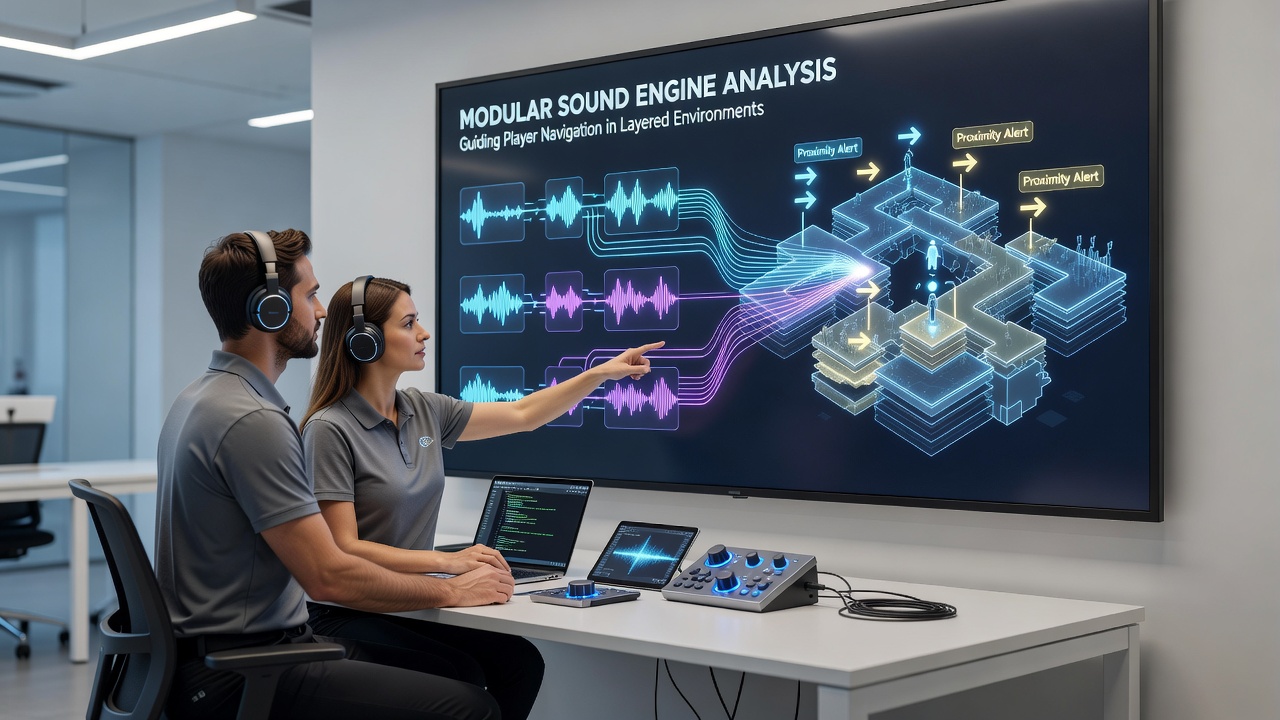 Layered environmental audio directing player movement in narrative-rich hybrid worlds