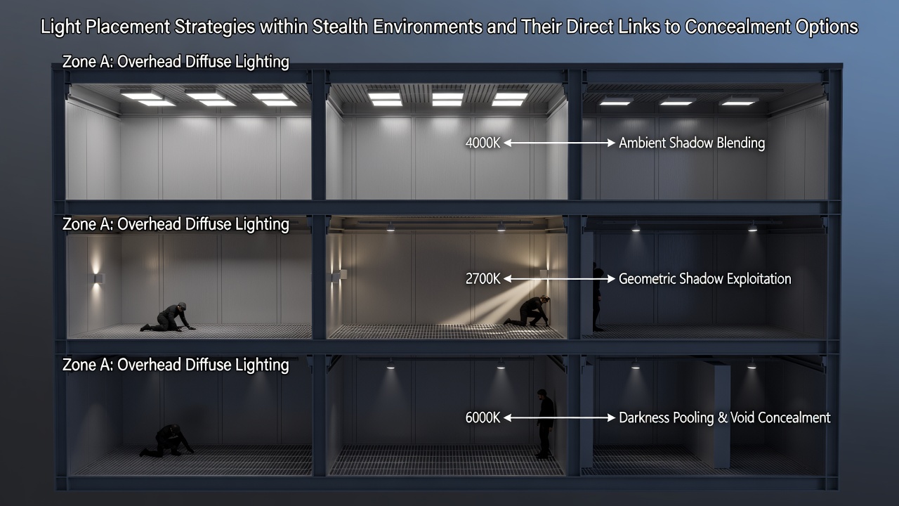 Example of shadow concealment zones created by strategic light positioning during a game infiltration sequence