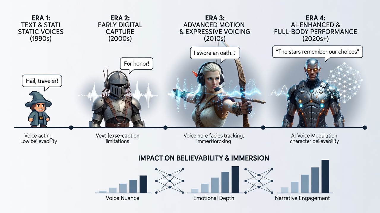 Early voice performance capture setups showing actors in recording studios with basic facial tracking equipment for RPG character development
