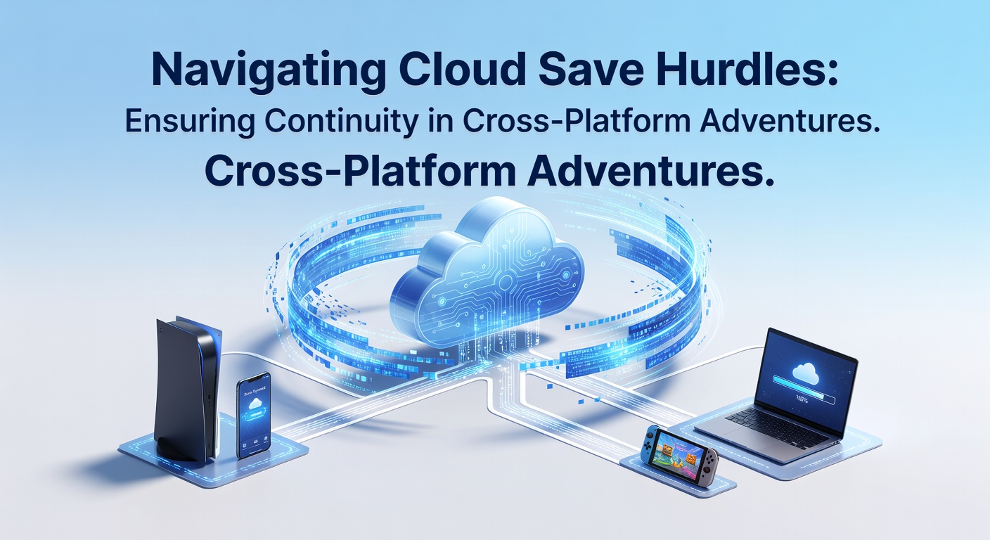 Gamer switching seamlessly between PC, console, and mobile devices using cloud saves for uninterrupted progress in a multiplayer adventure.