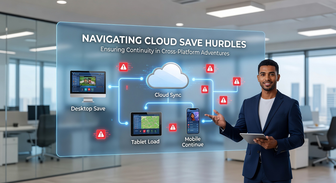 Detailed diagram illustrating cloud save synchronization flow between PC, PlayStation, Xbox, and mobile platforms with arrows showing data upload and download.