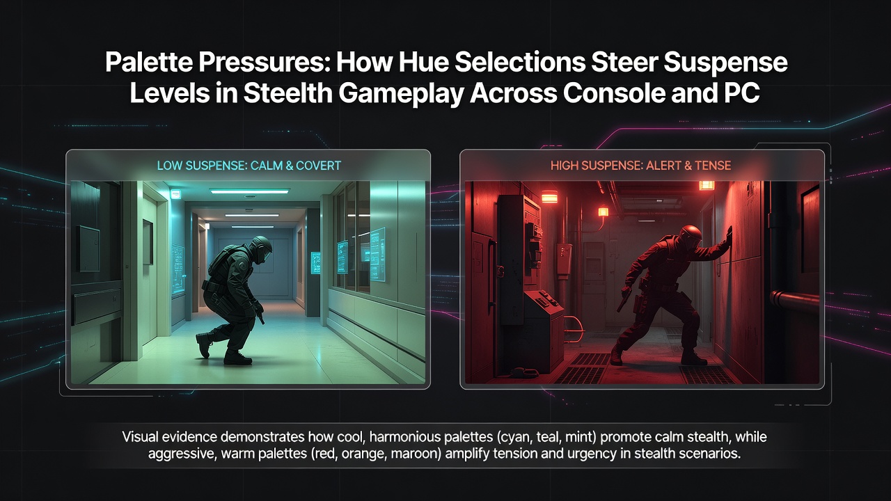 Comparison of hue palettes in stealth sequences on PC monitor versus console TV showing tension building through color gradients