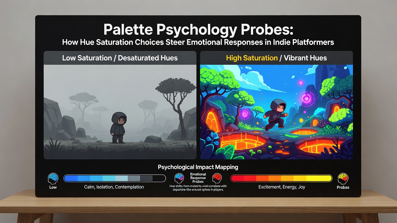 Side-by-side comparison of saturated versus desaturated scenes from popular indie platformers with aggregated player sentiment charts