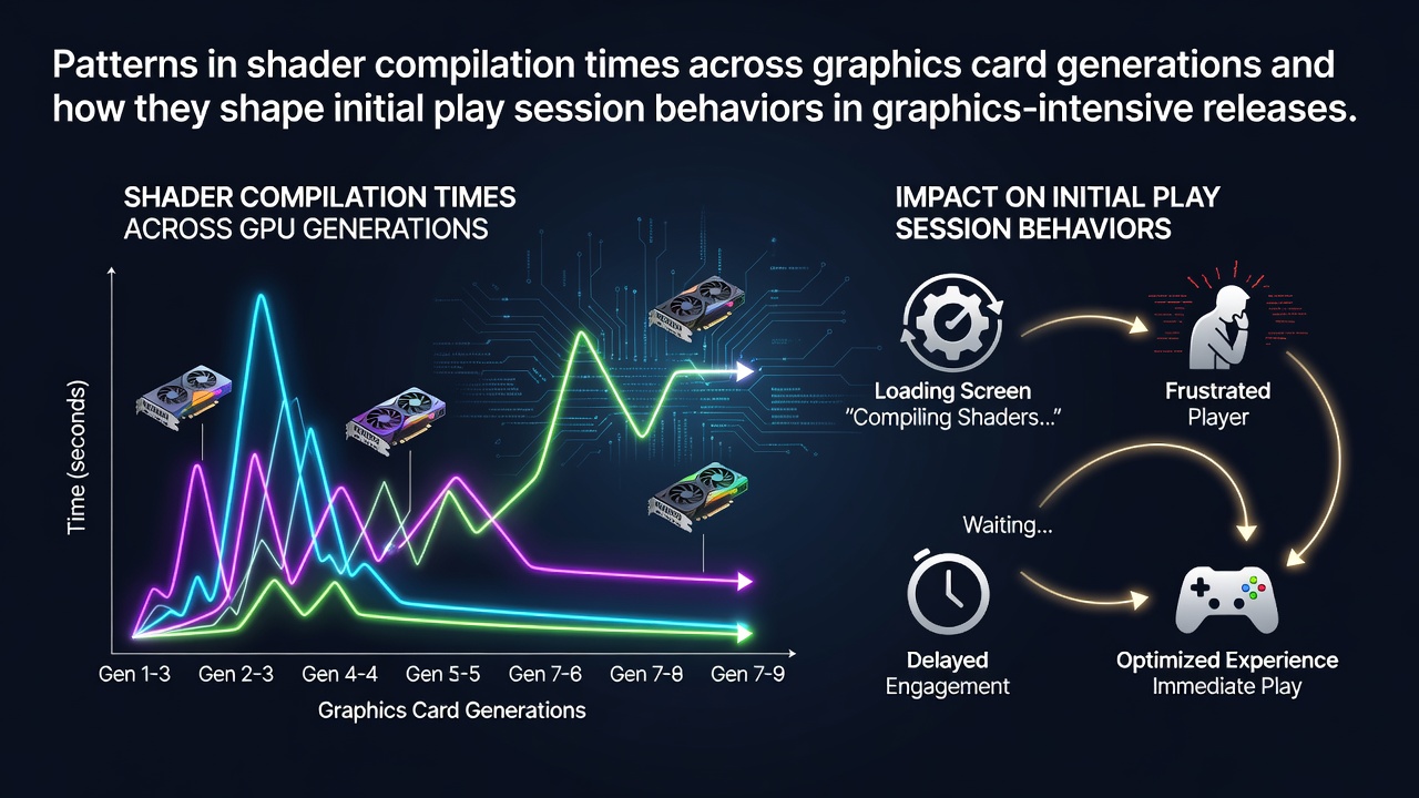 Graphs showing shader compilation duration trends on successive GPU architectures from 2018 through 2026