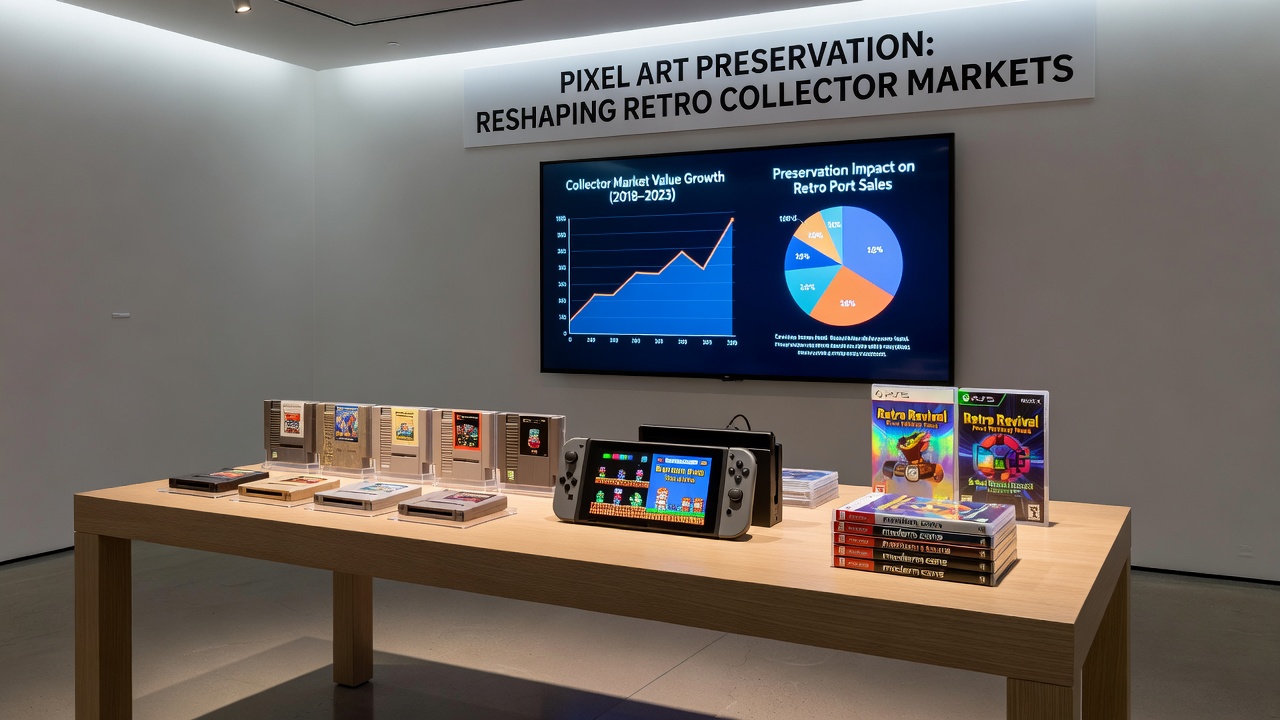 Collector examining preserved pixel art cartridges and limited edition packaging for retro platformer ports