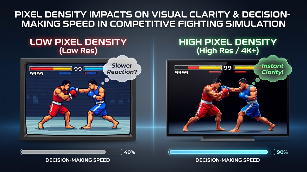 Tournament setup with multiple display technologies showing pixel density variations during live fighting game matches