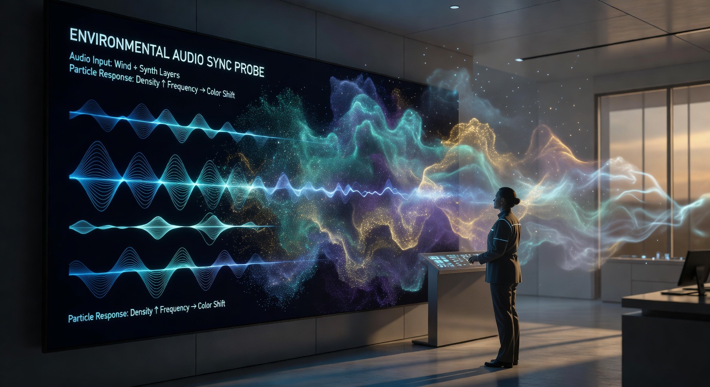 Player character navigating through glowing particle fields guided by layered wind audio in a vast atmospheric landscape