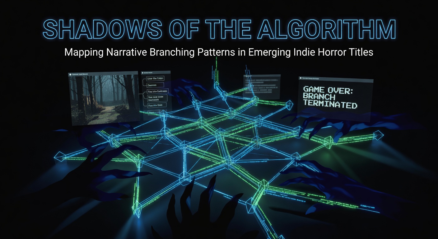 An illustration showing algorithmic narrative branches in an indie horror game with diverging paths through shadowed woods and decision nodes