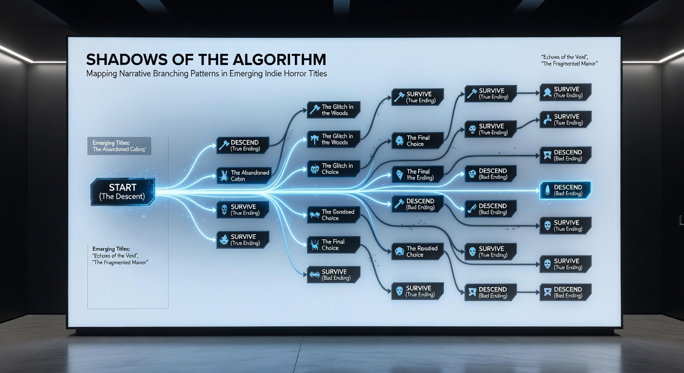 Screenshot of a branching narrative map in an indie horror title with glowing decision lines and horror-themed icons