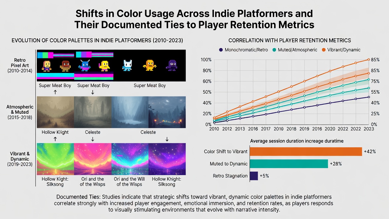 Indie platformer showcasing evolving color palettes in level design