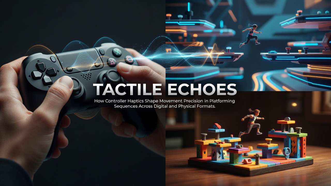 Close-up view of a modern game controller displaying advanced haptic feedback components used in platforming gameplay