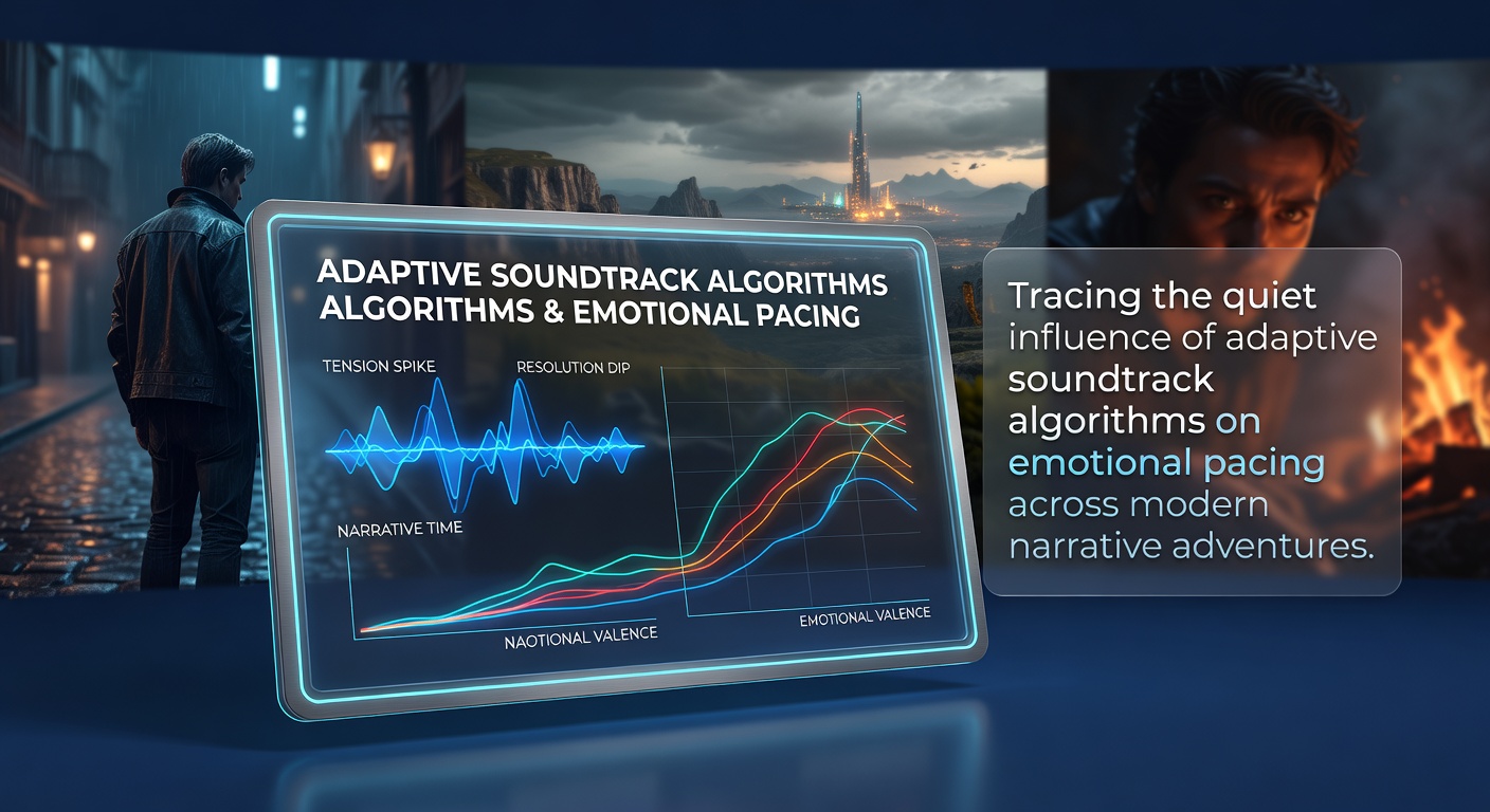Illustration showing layered audio waveforms adjusting in real time within a narrative adventure game environment