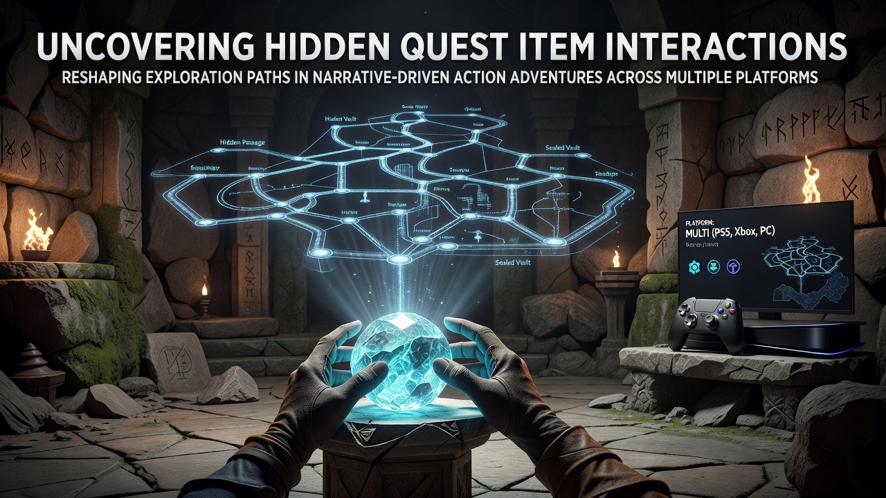 Exploration scene in a narrative-driven action adventure highlighting hidden quest item interactions across platforms