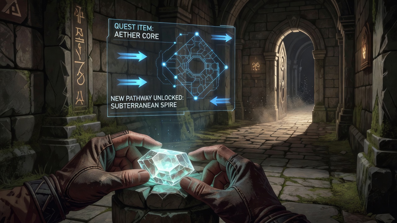 Mid-article view of narrative action adventure gameplay demonstrating quest item effects on exploration routes