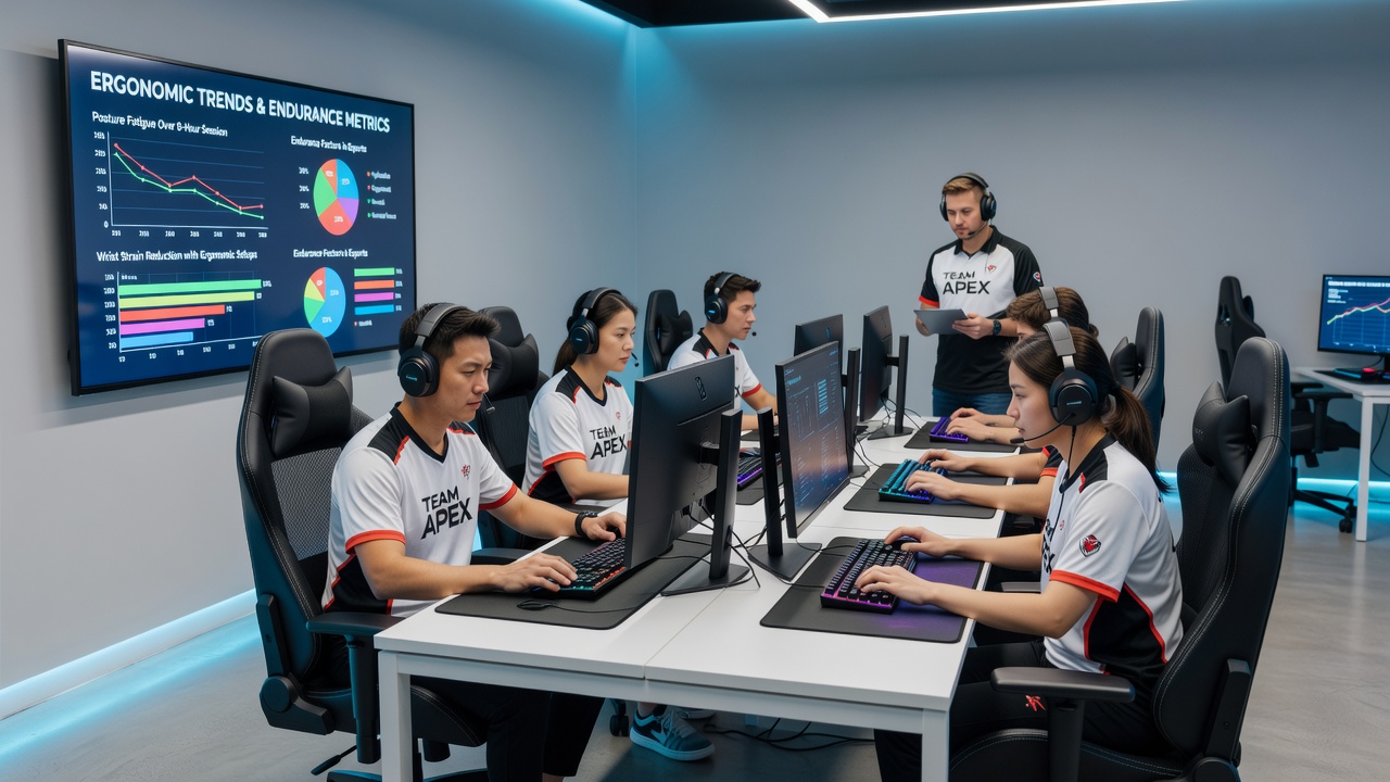 Esports athlete adjusting chair height and monitor position before a multi-hour tournament match