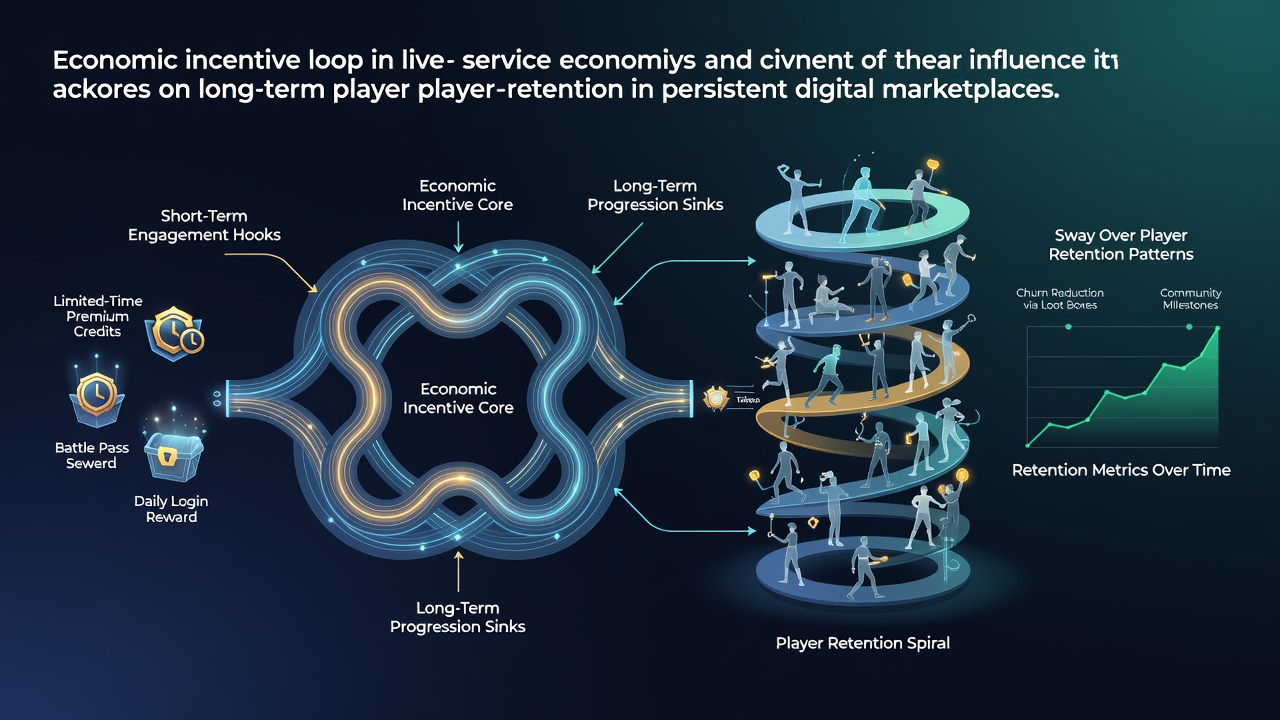 Visual representation of economic loops in live service games showing daily rewards and progression systems in digital marketplaces